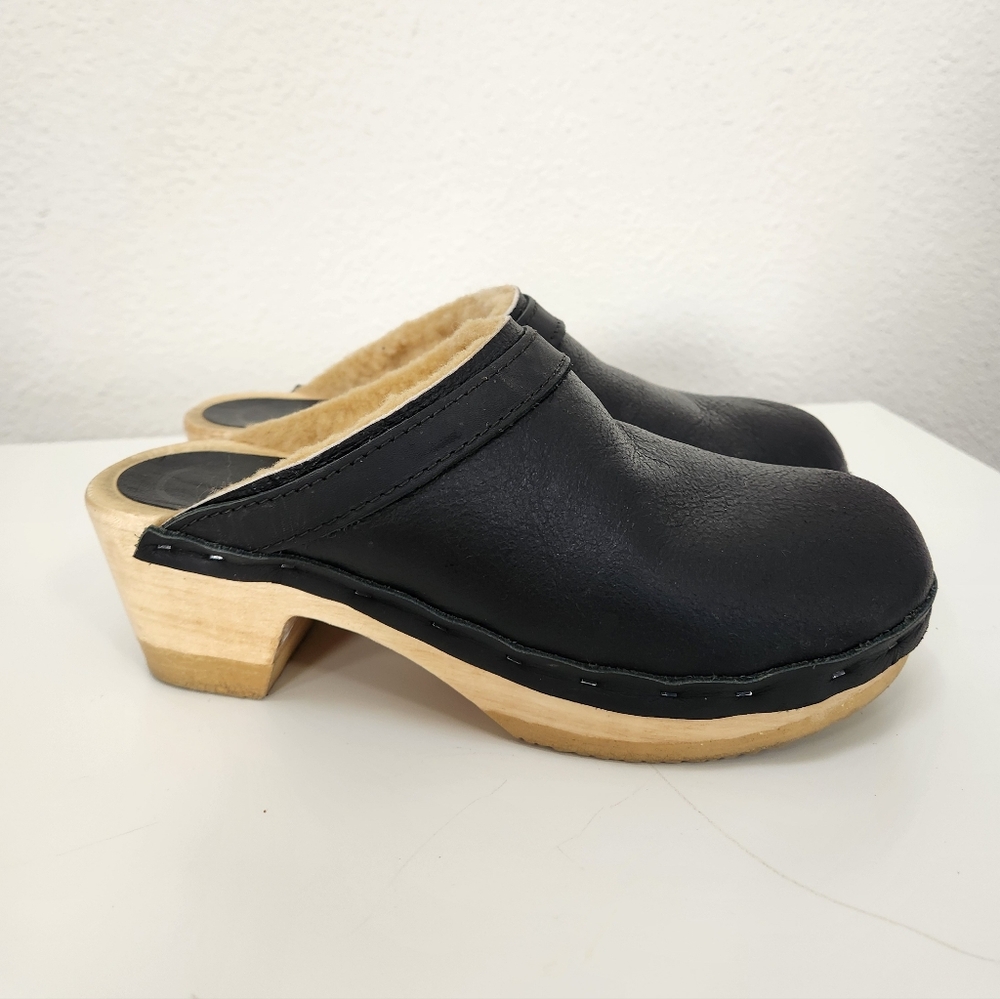No.6 Dakota mid heel clog with sheepskin upper.